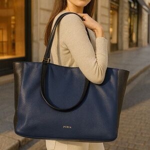 NEW FURLA Gemini Blue/Gray Leather Convertible Shopper Tote Bag - Made in Italy